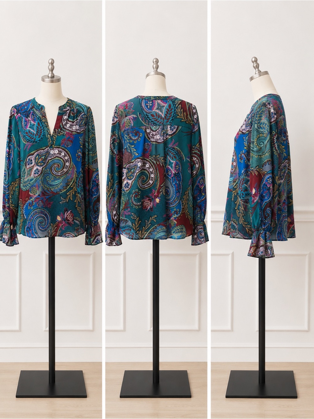 Zac & Rachel | NWOT Boho Teal Multi Paisley Split-Neck Blouse (size L) - Picture 2 of 15
